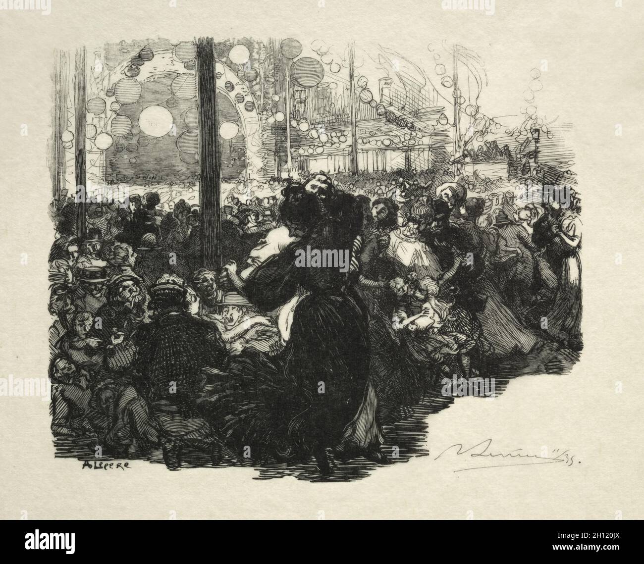 14 Juillet, Rue de Belleville, 10 heures, 1889. Auguste Louis Lepère (Französisch, 1849-1918). Holzgravur; Stockfoto