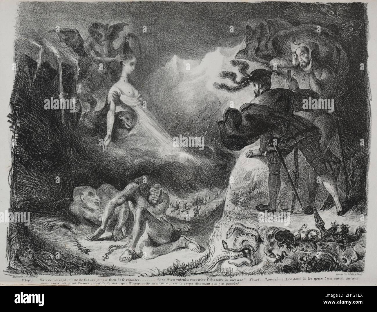 Faust: Tragédie de M. de Goethe, ins Französische übersetzt von Albert Stapfer.: Illustrationen zu Faust: Marguerites Schatten erscheint Faust, 1828. Eugène Delacroix (Französisch, 1798-1863), Chez Ch. Motte, Éditeur, verteilt von Chez Sautaet, Libraire. Lithographie; Stockfoto