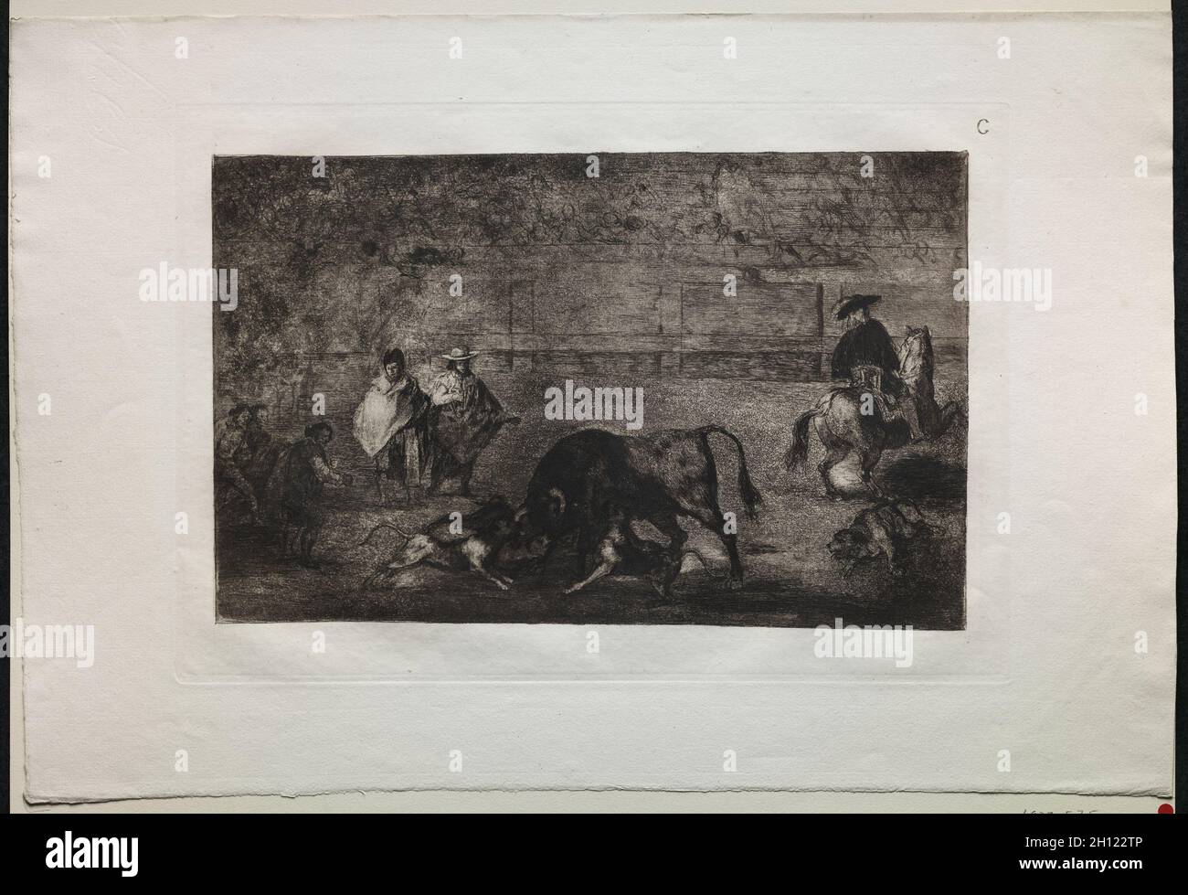 Bullfights: The Dog Let Loose on the Bull, 1816, gedruckt 1876. Francisco de Goya (Spanisch, 1746-1828). Gravur; Stockfoto