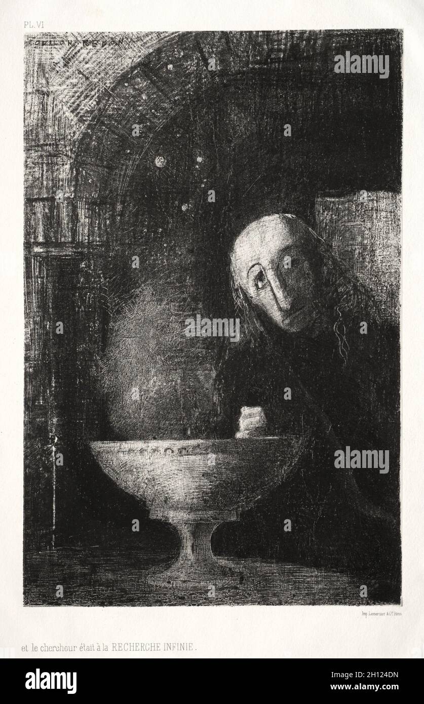 Die Nacht: Und der Sucher wurde in eine unendliche Suche, 1886 engagiert. Odilon Redon (französisch, 1840-1916), gedruckt bei Lemercier & Cie.. Lithographie auf China-Papier auf Webe-Papier; Bild: 27.6 x 18.1 cm (10 7/8 x 7 1/8 Zoll). Stockfoto