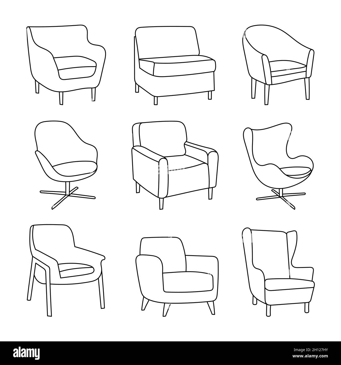 Handgezeichnetes Stuhl-Set - verschiedene Arten von Stühlen auf weiß. Symbole im Cartoon-Stil Stock Vektor