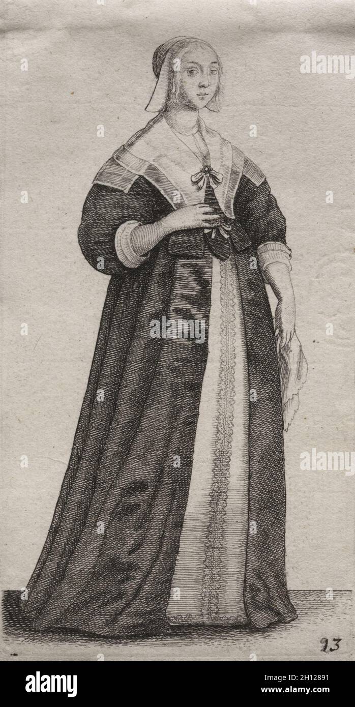 Die verschiedenen Gewohnheiten der englischen Frauen, vom Adel bis zu den Landfrauen, wie sie es in diesen Zeiten sind: Die Frau mit einem Taschentuch, 1639. Wenceslaus Hollar (Böhmisch, 1607-1677). Ätzen; Stockfoto
