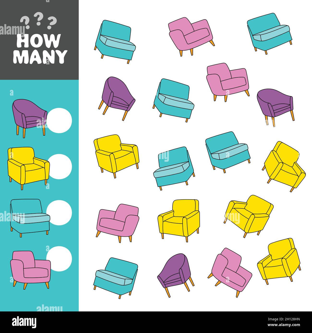 Druckbares Arbeitsblatt für Kindergarten und Vorschule. Mathe-Spiel für Vorschulen und Schulkinder. Zählspiel mit Stühlen Stock Vektor