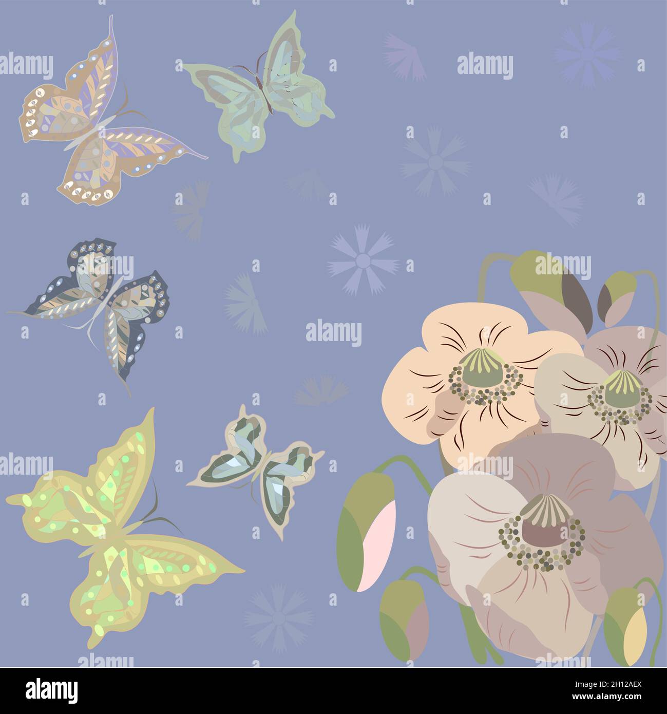 Rahmen mit Schmetterlingen und Pastellblumen Stock Vektor