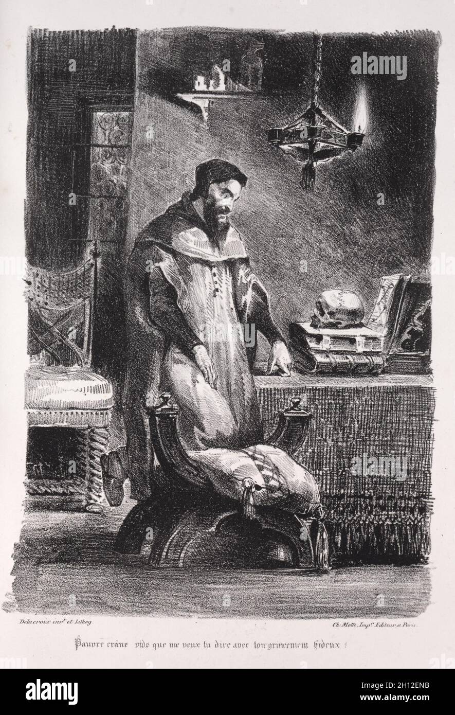 Faust: Tragédie de M. de Goethe, ins Französische übersetzt von Albert Stapfer.: Illustrationen zu Faust: Faust in seiner Garderobe, 1828. Eugène Delacroix (Französisch, 1798-1863), Chez Ch. Motte, Éditeur, verteilt von Chez Sautaet, Libraire. Lithographie; Stockfoto