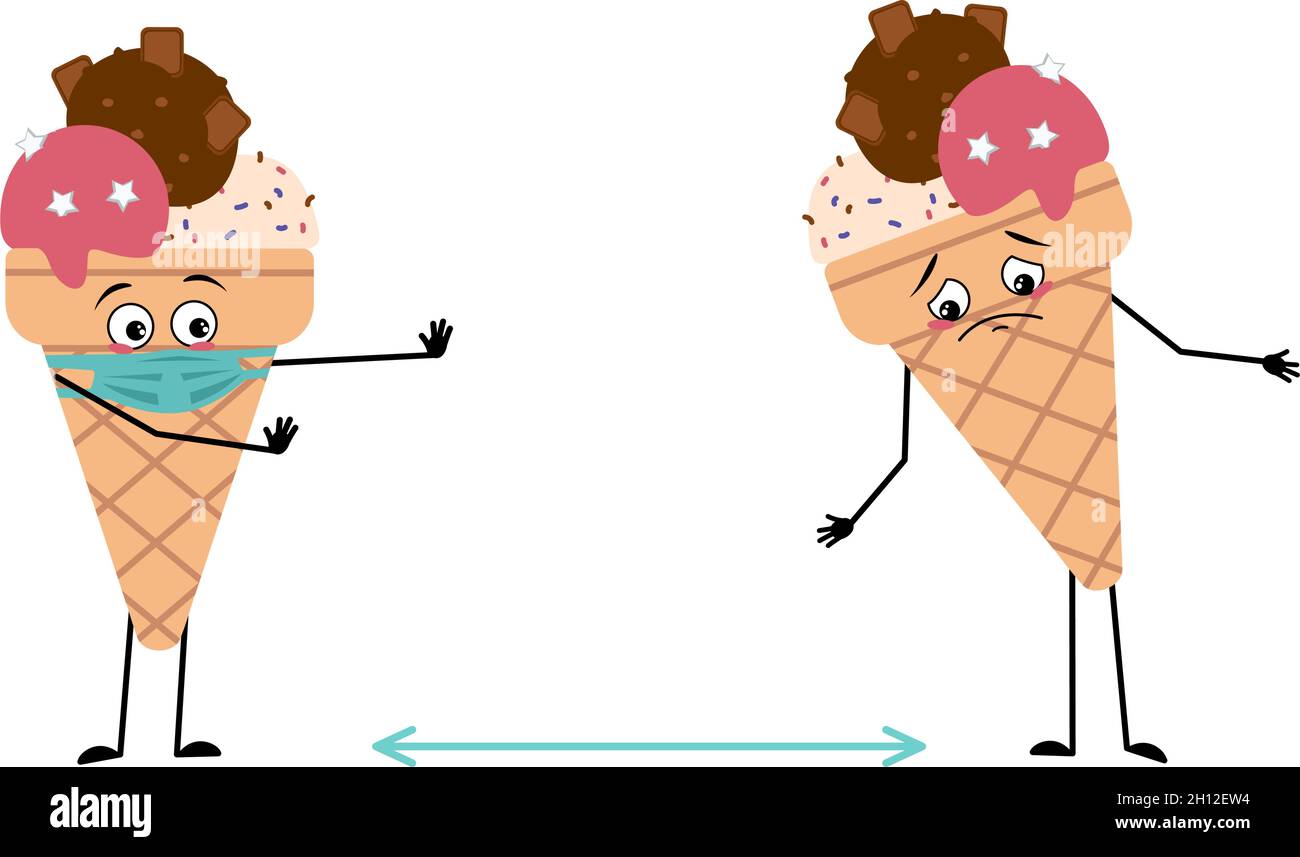 Süße Eiscremesuppen mit Emotionen, Gesicht und Maske halten Distanz, Arme und Beine. Der lustige oder traurige Held, süßes kaltes Essen, Sommerdessert mit Augen Stock Vektor