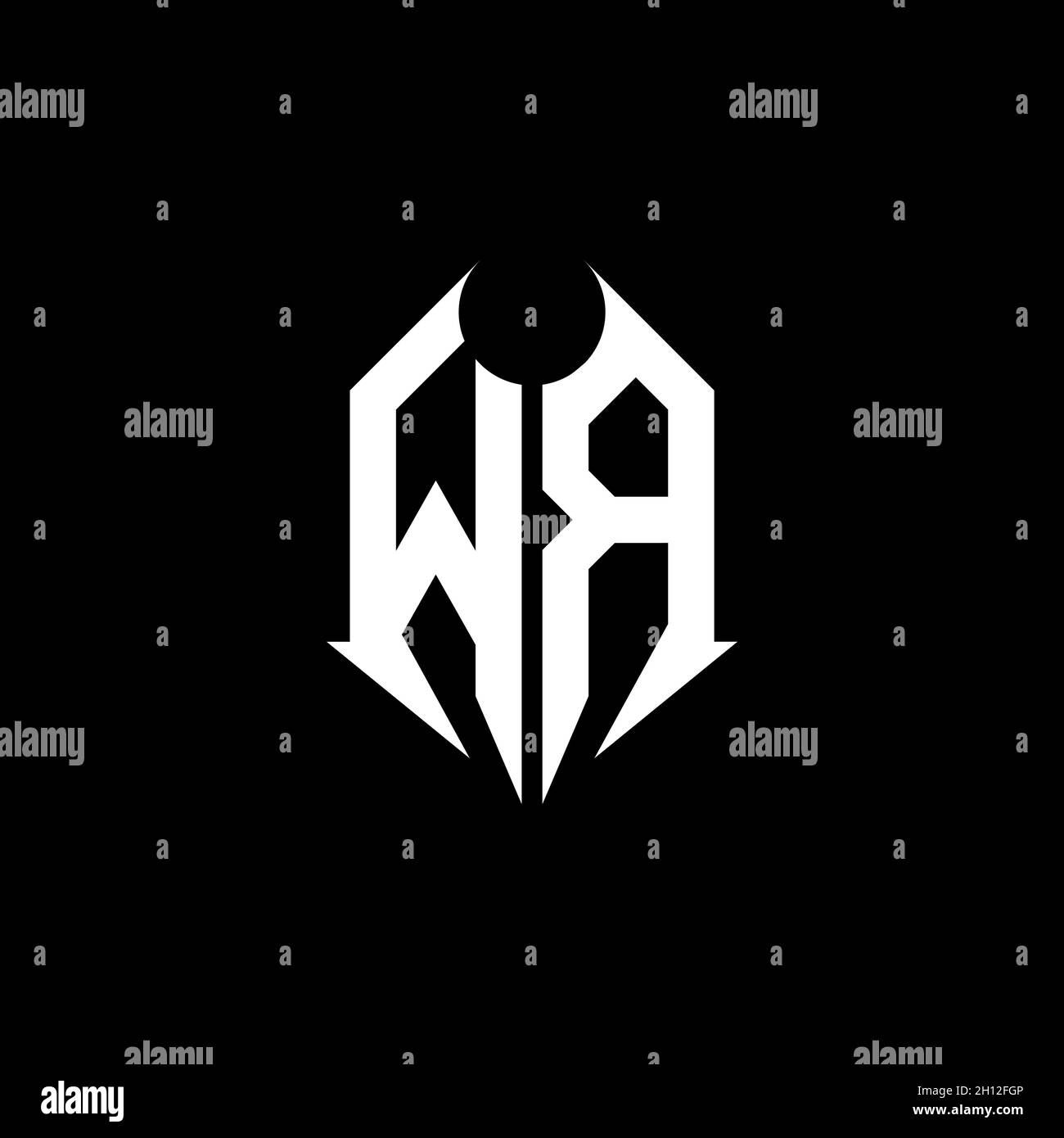 WR Monogram-Logo mit Designvorlage in Metallform auf schwarzem Hintergrund, Schriftzug aus Metall, Metallbuchstabe für Musik und Spiele. Stock Vektor