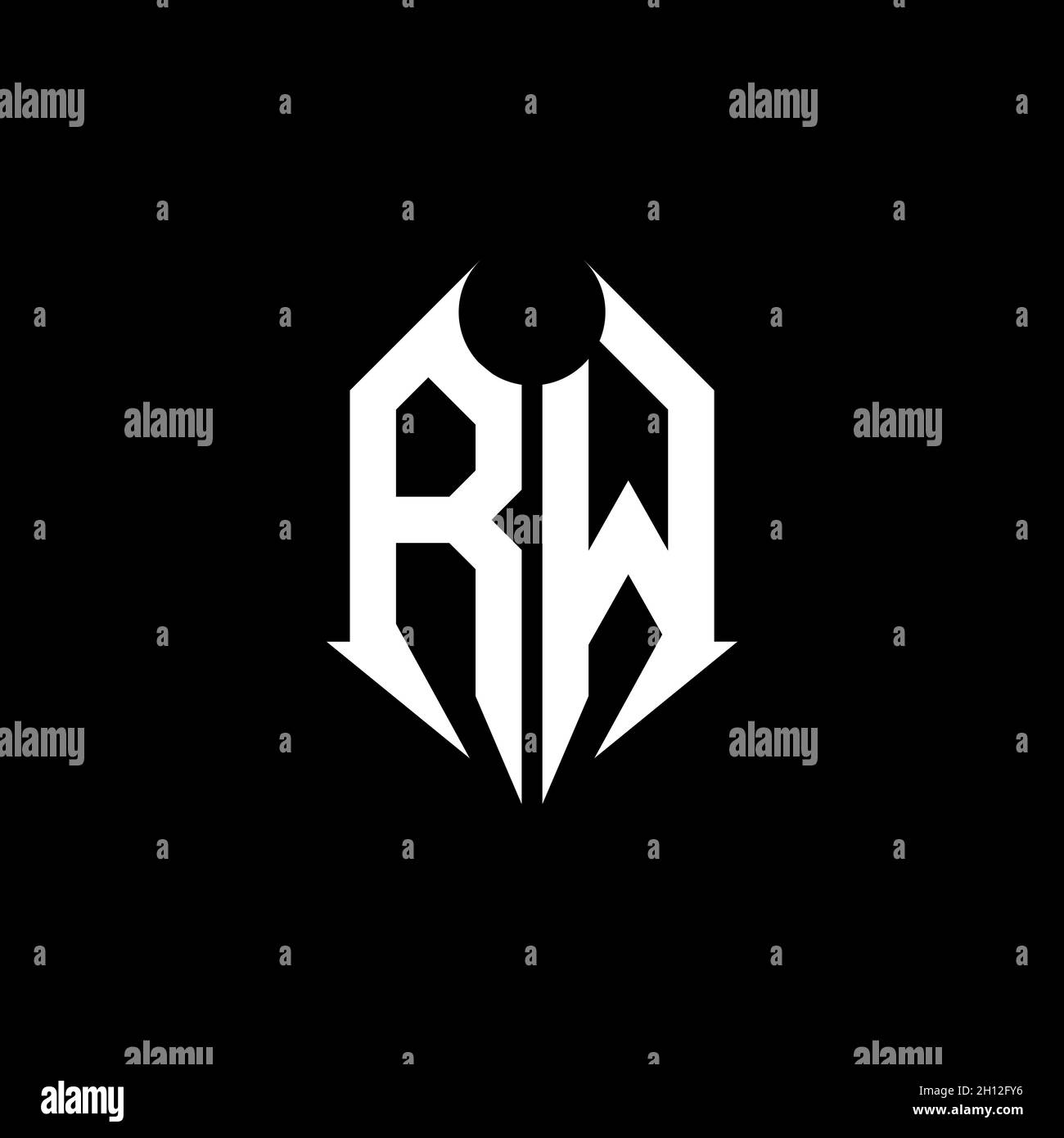 RW Monogram-Logo-Buchstabe mit Designvorlage in Metallform auf schwarzem Hintergrund, Schriftzug aus Metall, Metallbuchstabe für Musik- und Spielespiele. Stock Vektor