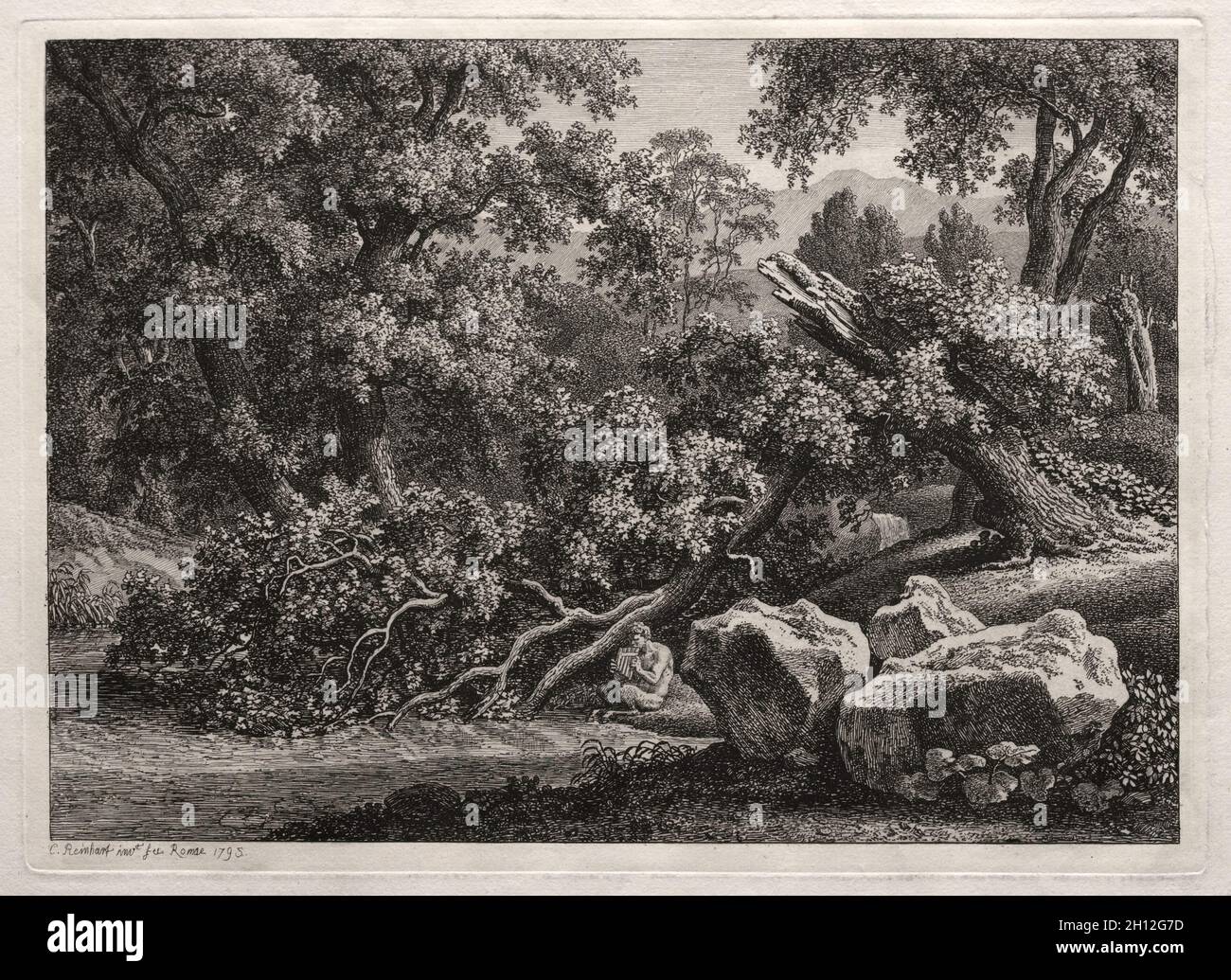 Heroische Landschaft: Der Satyr spielt die Flöte, 1795. Johann Christian Reinhart (Deutsch, 1761-1847). Radierung; Blatt: 42.3 x 53.6 cm (16 5/8 x 21 1/8 Zoll); Plattenmark: 20.7 x 28.8 cm (8 1/8 x 11 5/16 Zoll). Stockfoto