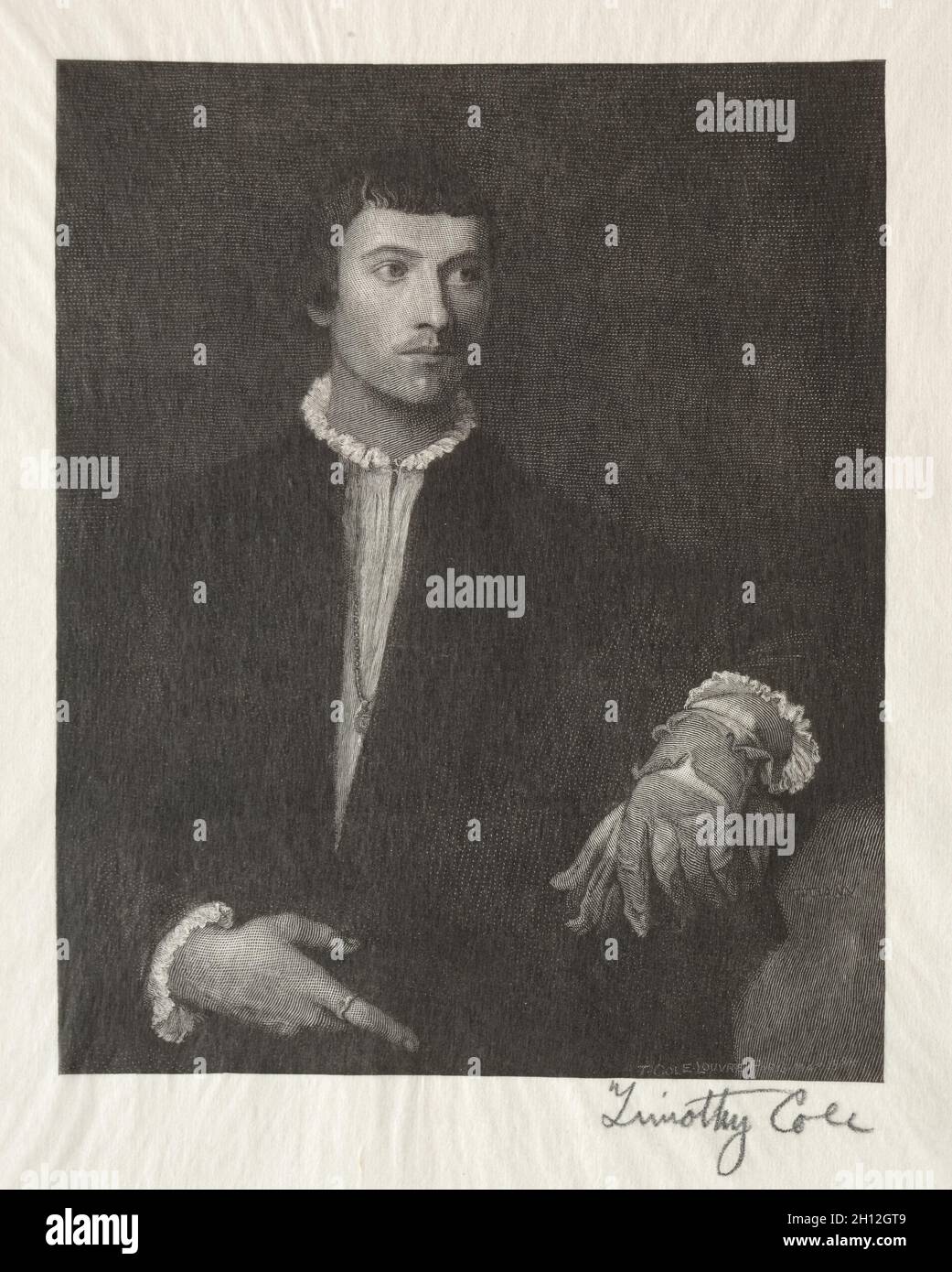 Alte italienische Meister: Der Mann mit den Handschuhen, 1887. Timothy Cole (Amerikaner, 1852-1931). Holzgravur; Stockfoto