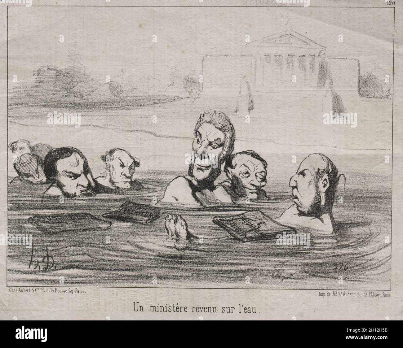 In le Charivari (26 April 1851) Veröffentlicht: Aktualitäten (Nr. 120): ein Minister zurück zum Wasser, 1851. Honoré Daumier (Französisch, 1808-1879). Lithographie; Blatt: 23,6 x 34,8 cm (9 5/16 x 13 11/16 in.); Bild: 19,6 x 26,8 cm (7 11/16 x 10 9/16 in.). Stockfoto