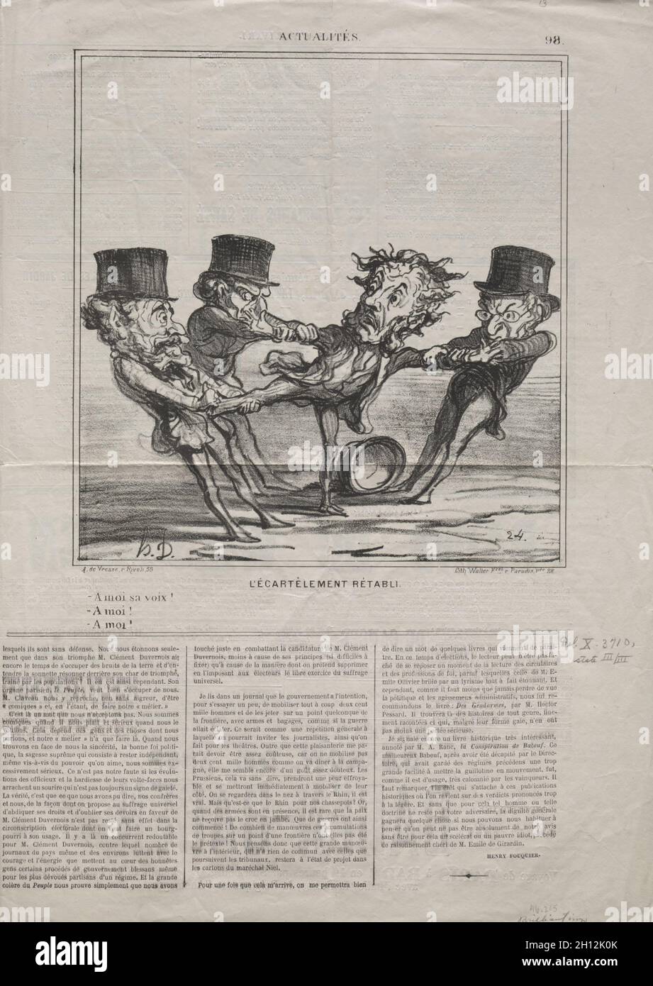 Veröffentlicht in le Charivari (8. Mai 1869): Aktualitäten (Nr. 98): Die Quartering wieder aufgenommen, 1869. Honoré Daumier (Französisch, 1808-1879). Lithographie; Blatt: 43.6 x 62 cm (17 3/16 x 24 7/16 Zoll); Bild: 23.3 x 22.3 cm (9 3/16 x 8 3/4 Zoll). Stockfoto