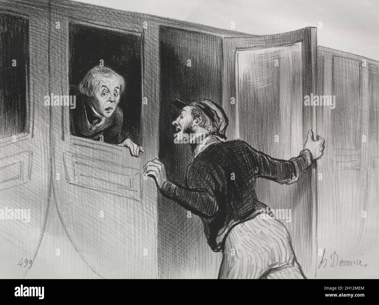 Veröffentlicht in le Charivari (no du 28 Octobre 1843): The Railroads, Platte 11: The Hazard of Sleeping on a Journey, 1843. Honoré Daumier (Französisch, 1808-1879), Aubert. Lithographie; Blatt: 27.4 x 35.7 cm (10 13/16 x 14 1/16 Zoll); Bild: 19 x 25.3 cm (7 1/2 x 9 15/16 Zoll). Stockfoto Veröffentlicht in le Charivari (no du 28 Octobre 1843): The Railroads, Platte 11: The Hazard of Sleeping on a Journey, 1843. Honoré Daumier (Französisch, 1808-1879), Aubert. Lithographie; Blatt: 27.4 x 35.7 cm (10 13/16 x 14 1/16 Zoll); Bild: 19 x 25.3 cm (7 1/2 x 9 15/16 Zoll). Stockfoto