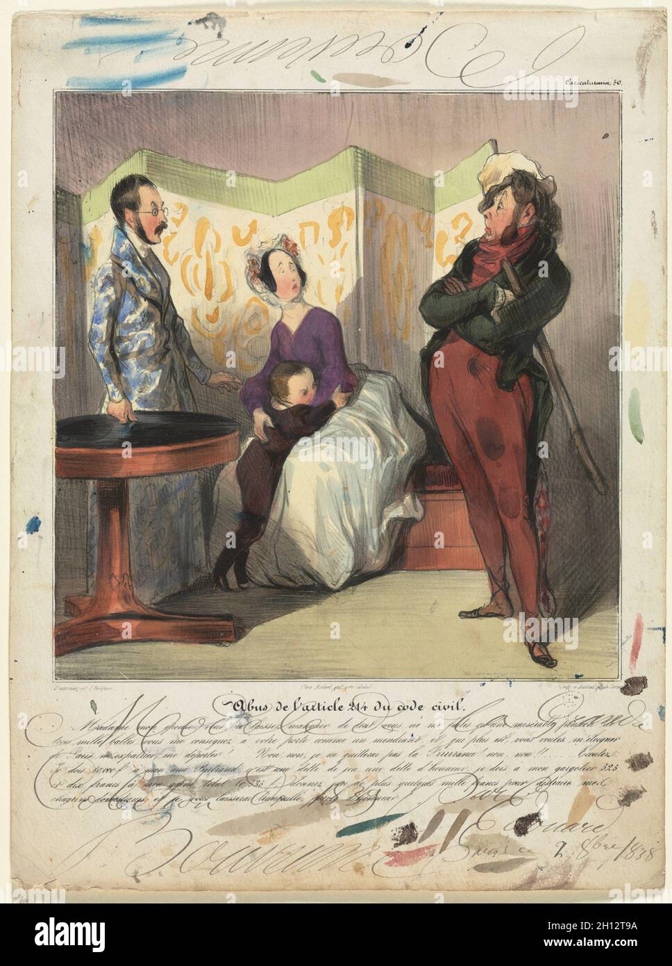 Platte 50 von 'Caricaturana' (Les Robert Macaire). In le Charivari, 28. Mai 1837: Caricaturana (Platte 50): Verletzung des Bürgerlichen Gesetzbuchs Artikel 24, 1837 veröffentlicht. Honoré Daumier (Französisch, 1808-1879), Edouard Bouvenne (Französisch). Lithographie von Hand gefärbt mit Aquarell von Edouard Bouvenne; Blatt: 35,5 x 26,5 cm (14 x 10 7/16 in.); Bild: 24 x 23 cm (9 7/16 x 9 1/16 in.). Stockfoto