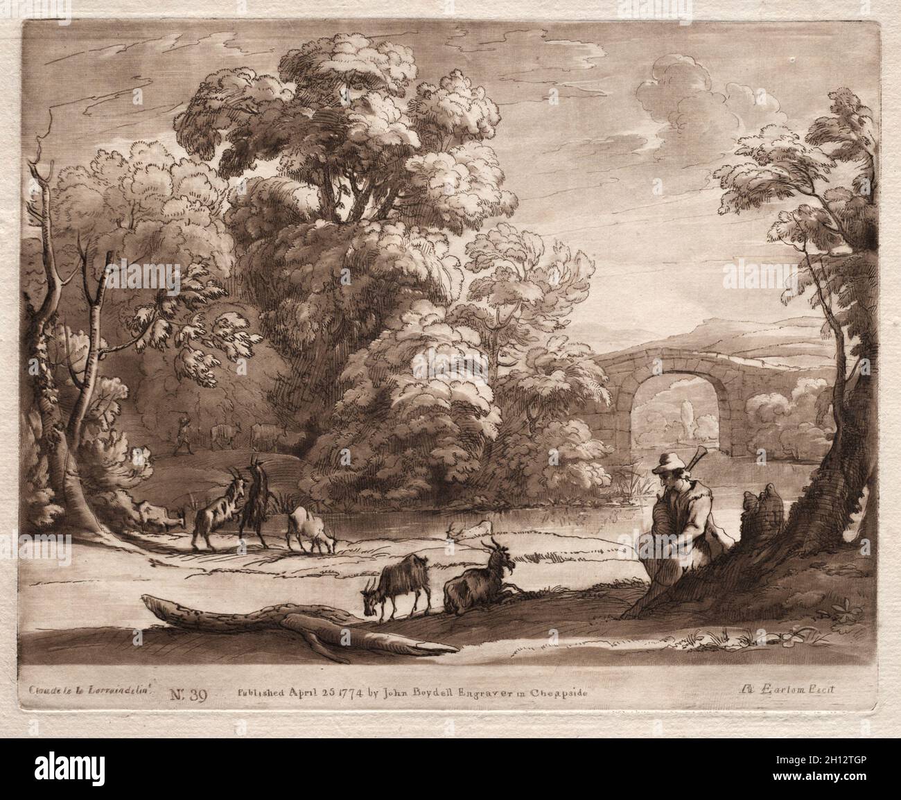 Liber Veritatis: No. 39, A Landscape with Herdsman playing a Bagpipe and Goats Browsing, 1774. Richard Earlom (Großbritannien, 1743-1822). Ätzung und Mezzotinta; Stockfoto
