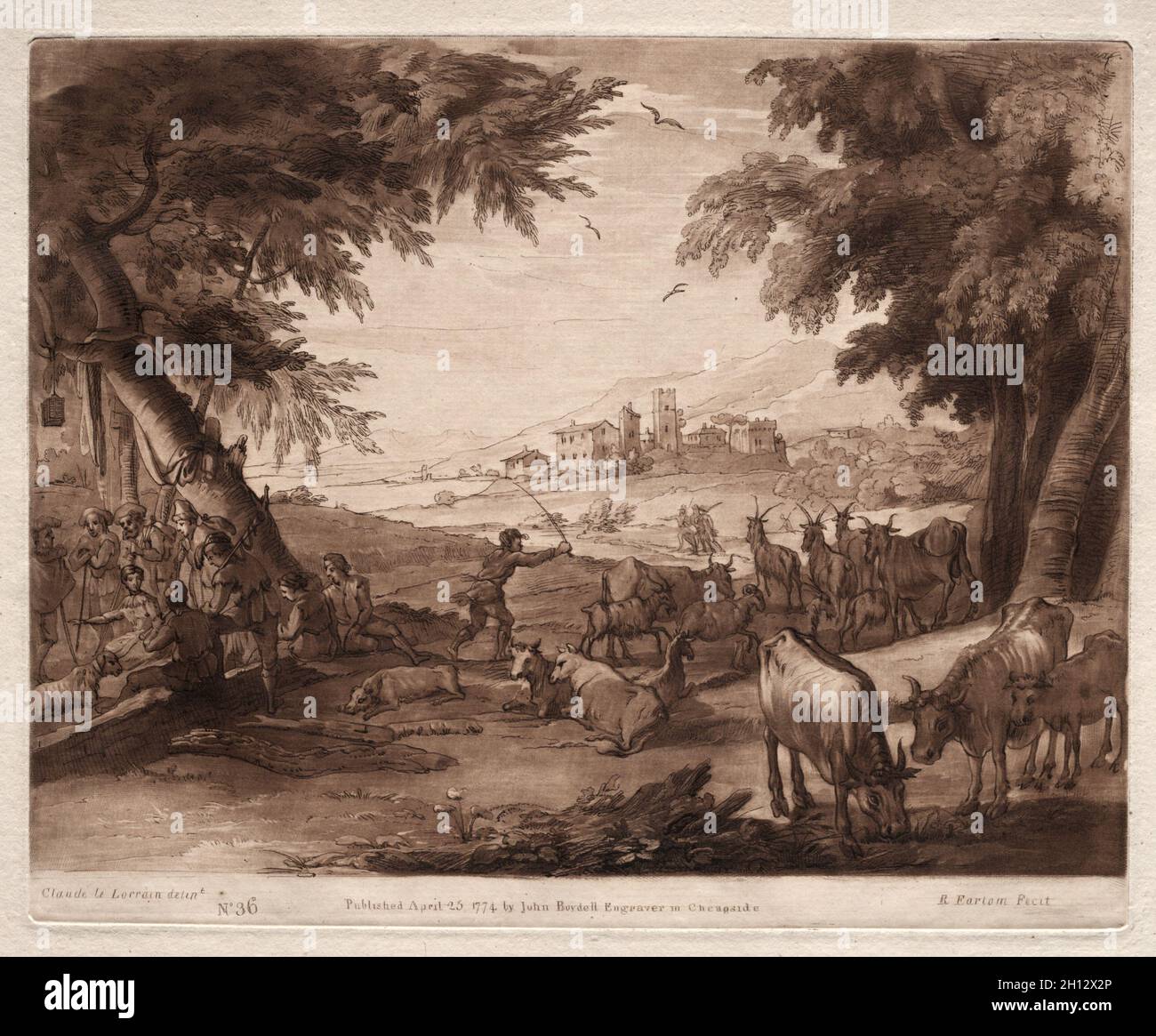 Liber Veritatis: Nr. 36, Pastoralszene mit Dorfbewohnern und einer Herde von Ochsen und Ziegen, 1777. Richard Earlom (britisch, 1743-1822), nach Claude Lorrain (französisch, 1604-1682). Ätzung und Mezzotinta; Stockfoto