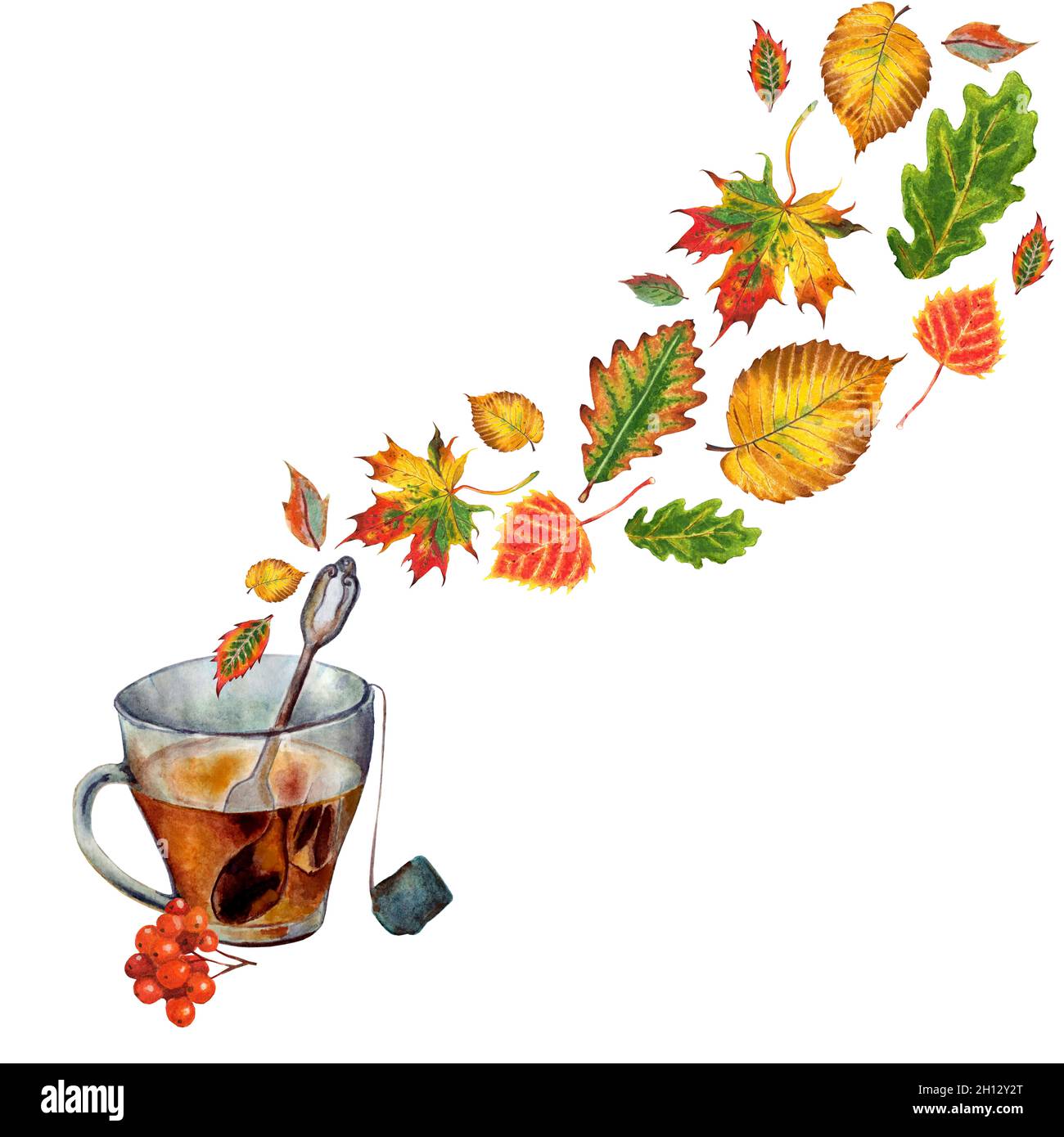 Herbstillustration mit einer Tasse heißen Tee und Blättern in Form von Dampf. Aquarell-Bild von Kräutertee und vom Wind geblasenen Blättern. Isoliert über Stockfoto