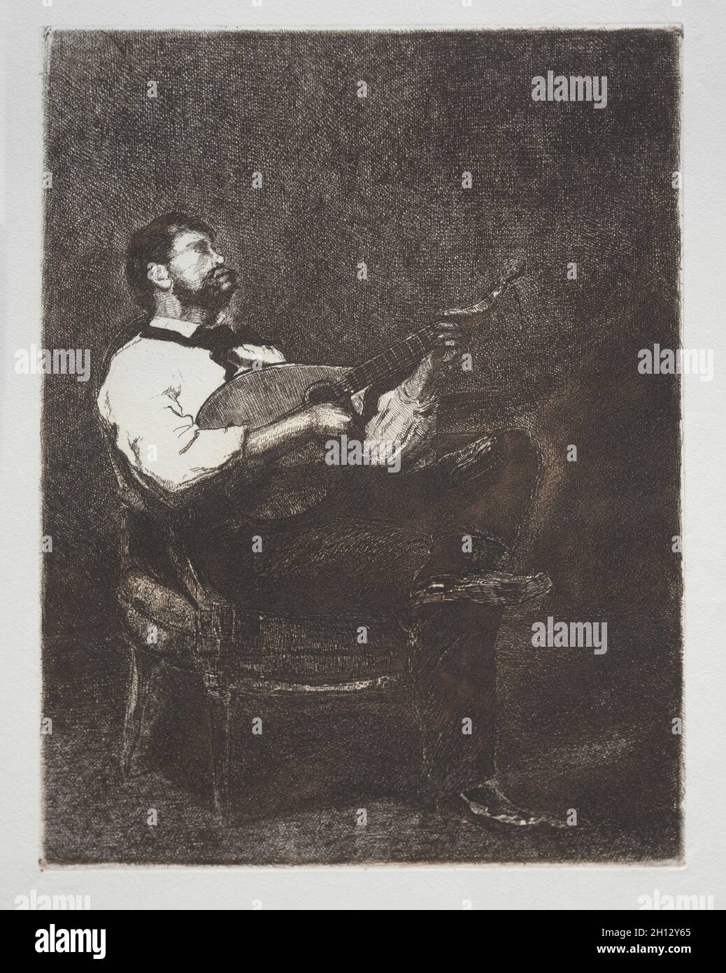 première Suite de dix eaux-fortes par François Bonvin, peintre: Guitar Player, 1861. François Bonvin (Französisch, 1817-1887). Radierung; Blatt: 44.5 x 30.6 cm (17 1/2 x 12 1/16 Zoll); Plattenmark: 28.1 x 21.5 cm (11 1/16 x 8 7/16 Zoll). Stockfoto