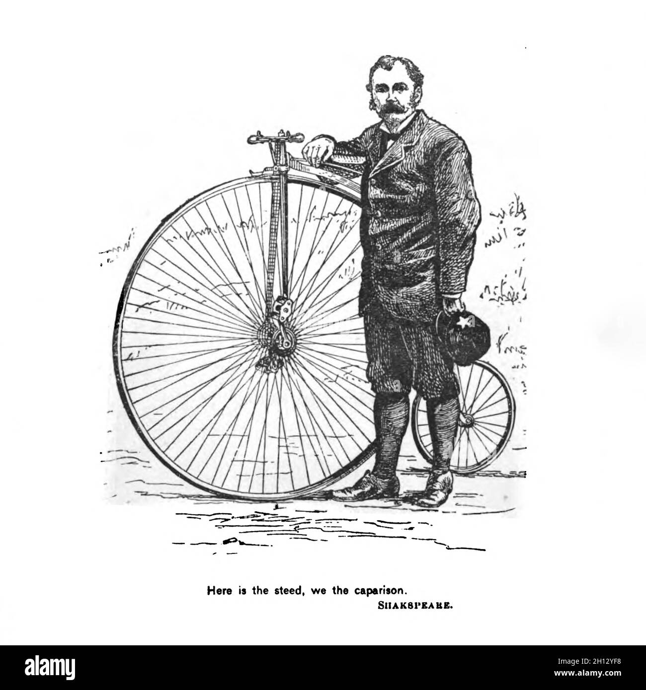 Mensch und Penny-Farthing, Illustration aus dem 19. Jahrhundert Stockfoto