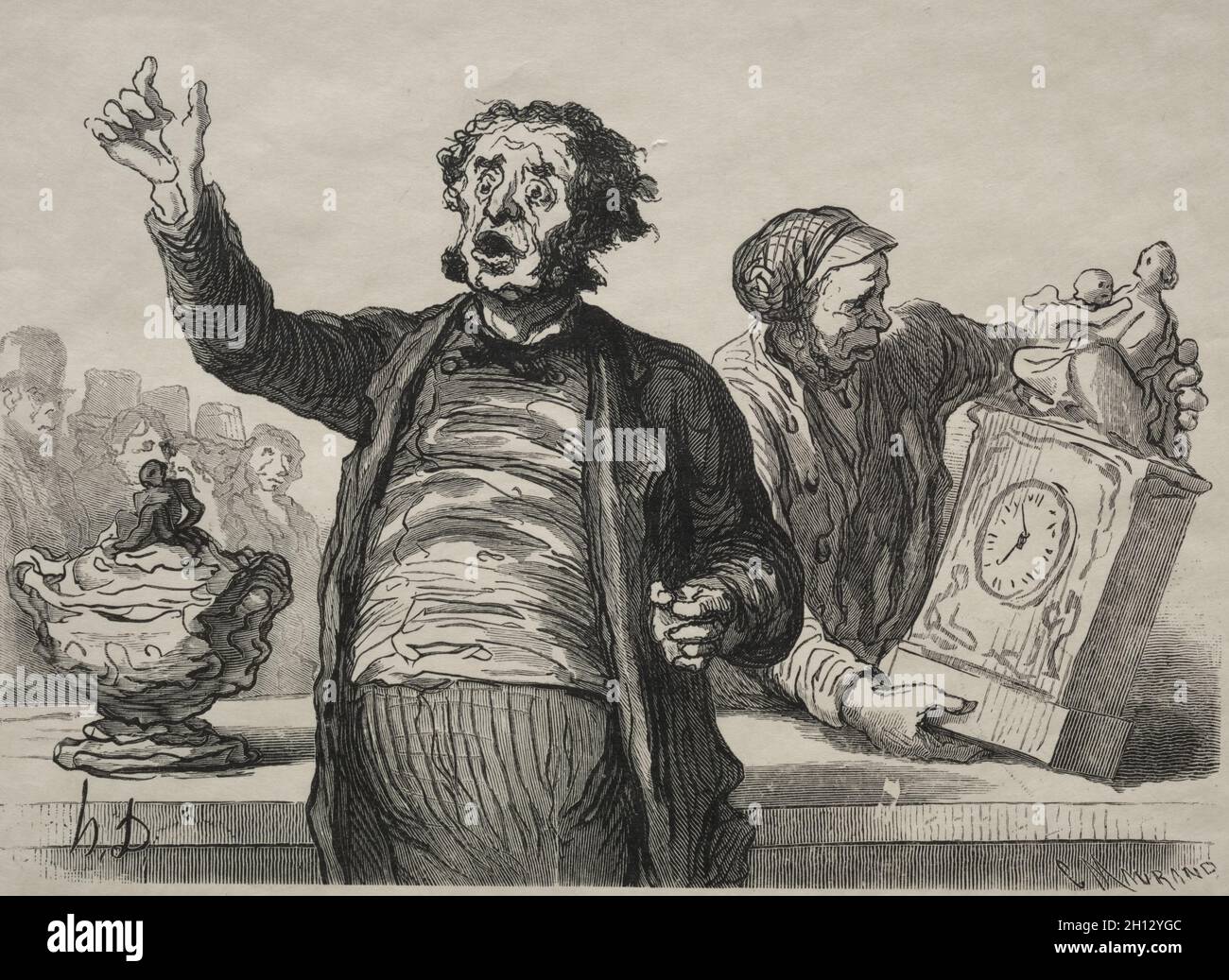 Der Auktionsraum: Der Städtische Krier, 1864. Charles Maurand (Französisch, 1824-1904), nach Honoré Daumier (Französisch, 1808-1879). Holzgravur; Stockfoto