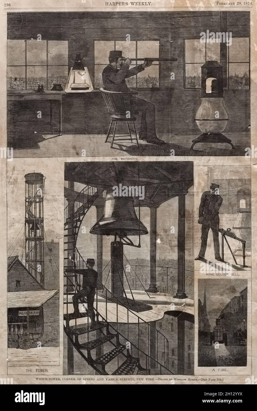 Watch-Tower, Corner of Spring and Varick Streets, New York, 1874. Winslow Homer (Amerikanisch, 1836-1910). Holzgravur; Stockfoto
