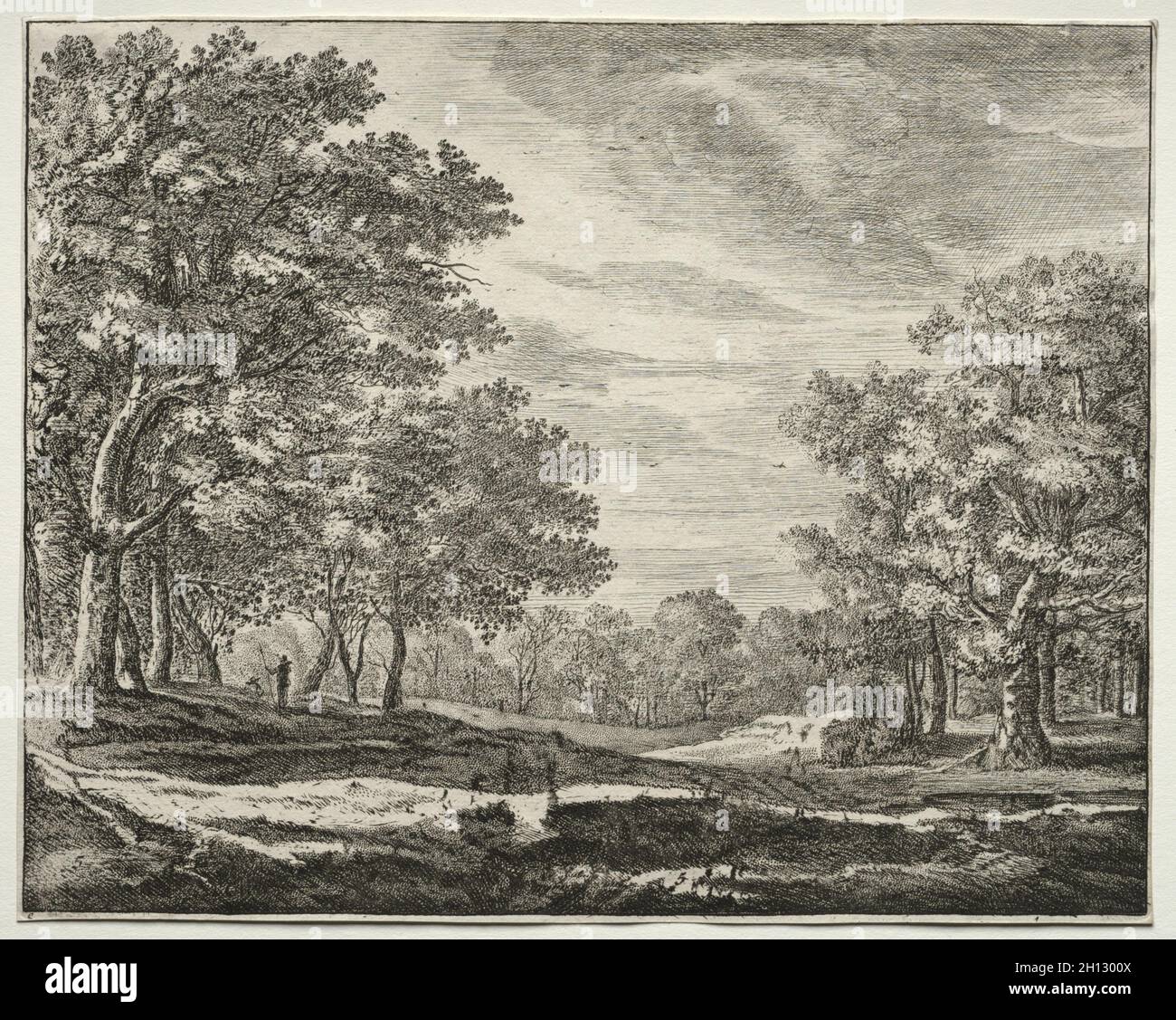 Sechs Ansichten im Haager Wald: Tafel 5, Ein Mann mit einem Stab in der Hand, 1640-52. Roelant Roghman (Niederländisch, 1627-1692). Ätzen; Stockfoto