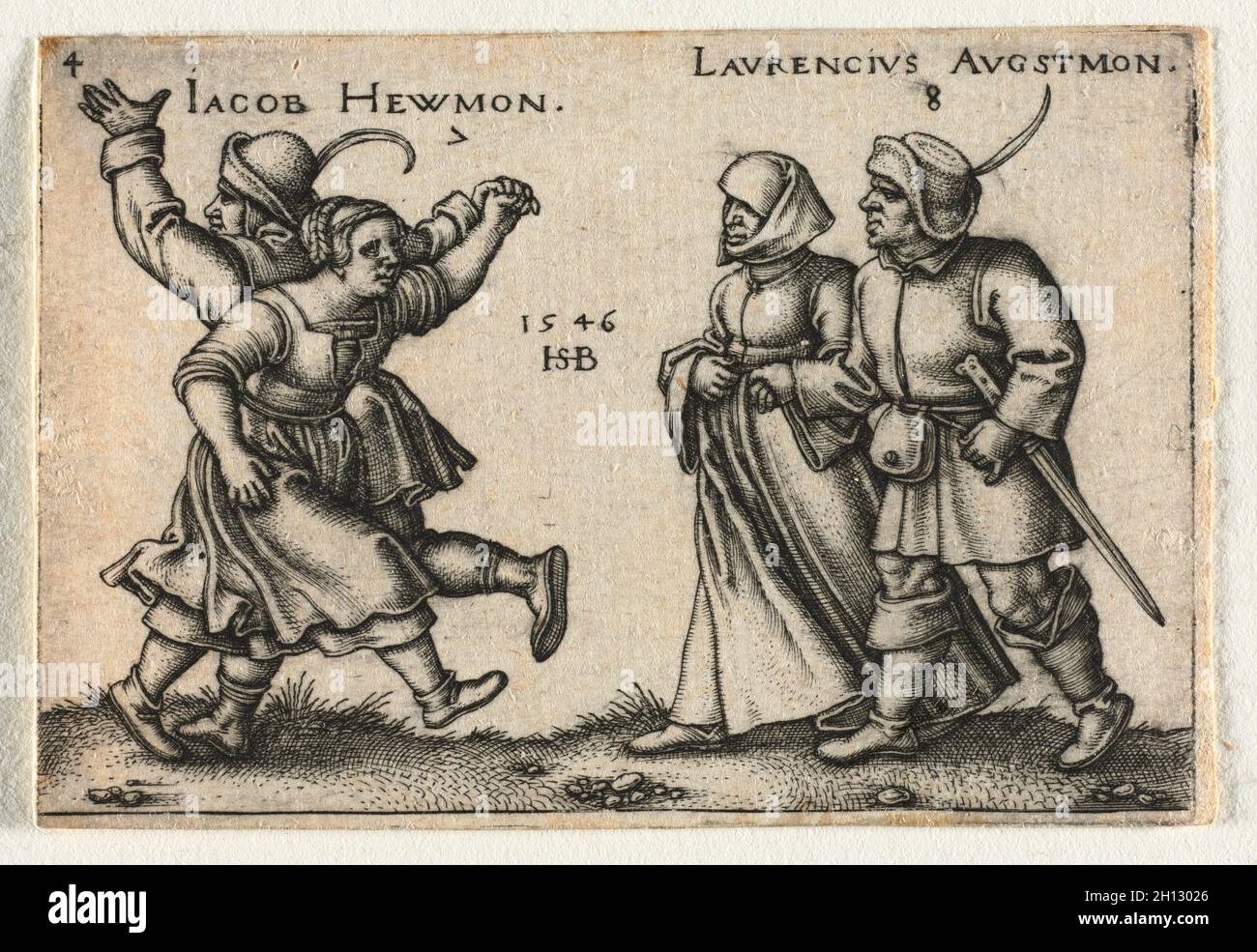 Die Bauernhochzeit oder die zwölf Monate: 7 Jacob Hewmon 8-Laurencius Augstmon, 1546. Hans Sebald Beham (Deutsch, 1500-1550). Gravur; Stockfoto