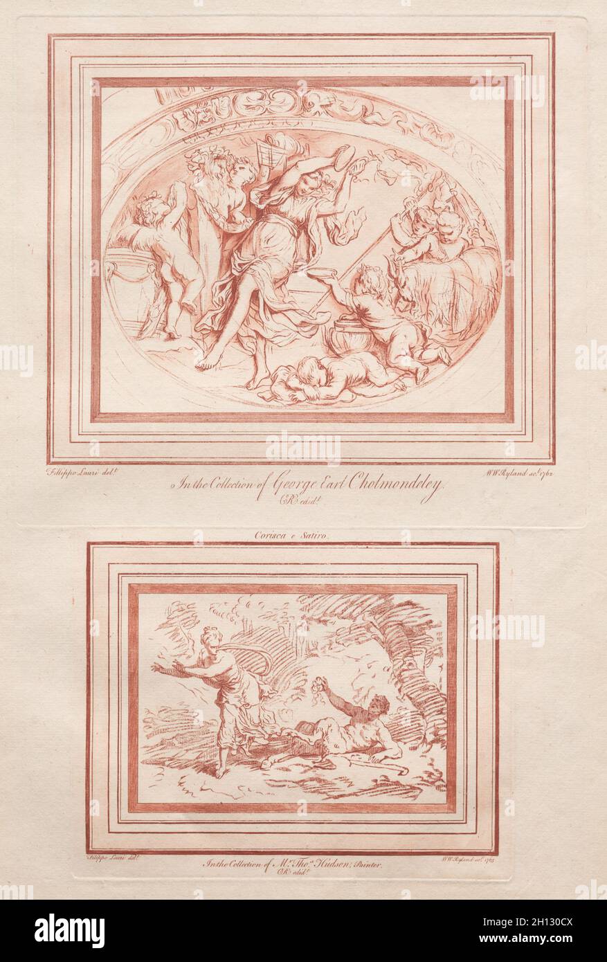 Korsika e Satiro, 1762-1763. William Ryland (British, 1732-1783), nach Filippo Lauri (Italienisch, 1623-1694). Chalk - Weise Ätzen und Gravieren in rot gedruckt; Blatt: 52,6 x 36,2 cm (20 11/16 x 14 1/4 in.); Teil 1: 22,7 x 22,5 cm (8 15/16 x 8 7/8 in.); Teil 2: 15,7 x 19,7 cm (6 3/16 x 7 3/4 in.). Stockfoto