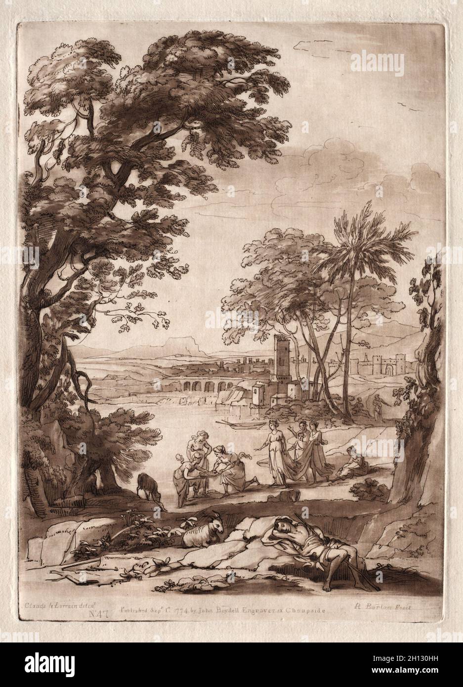 Liber Veritatis: No. 47, A River Scene with the Fund of Moses, 1774. Richard Earlom (britisch, 1743-1822), nach Claude Lorrain (französisch, 1604-1682). Ätzung und Mezzotinta; Stockfoto