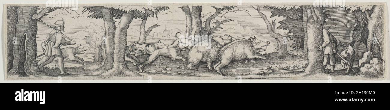 Wildschweinjagd, 1540. Virgilius Solis (Deutsch, 1514-1562). Gravur; Stockfoto