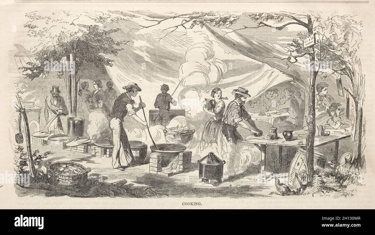 Skizzen Des Camptreffens: Kochen, 1858. Winslow Homer (Amerikanisch, 1836-1910). Holzgravur; Stockfoto