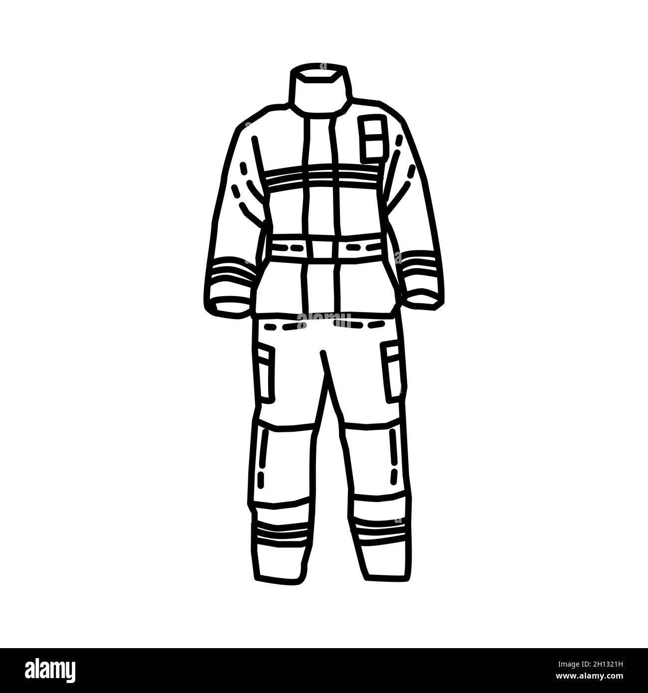 Feuerwehrmann Uniform Teil von Feuerwehrmann Zubehör und Ausrüstung Gerät Handgezeichnete Icon Set Vektor. Stock Vektor