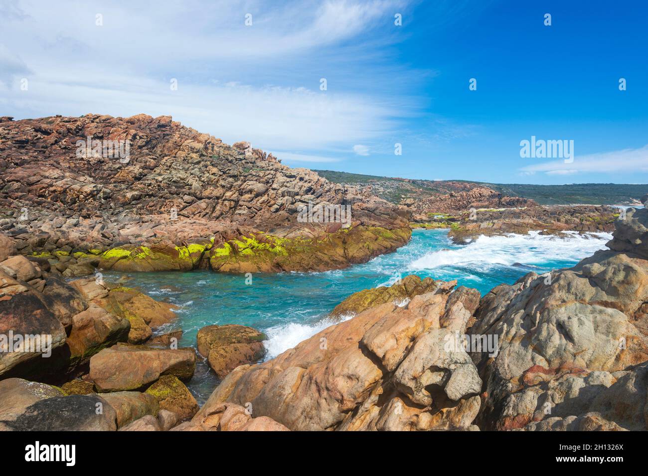Details der felsigen Küste von Wyadup Rocks, Leeuwin-Naturaliste National Park, Yallingup, Western Australia, WA, Australien Stockfoto