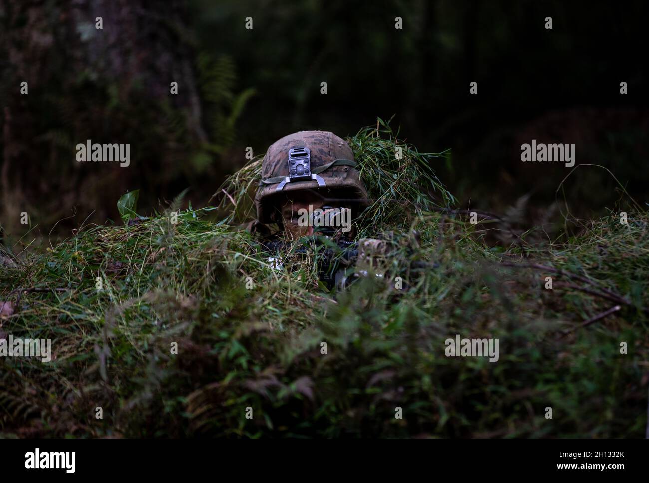 U.S. Marine Corps 2nd LT. William Davison mit 6th Platoon, Echo Company, The Basic School, einem gebürtigen Joshua, Texas, Bietet Sicherheit während der Feldübung II auf der Basis des Marine Corps Quantico, Virginia, 29. September 2021. FEX II ist eine Routineübung zur Verbesserung der Kampffähigkeiten der Marines und bietet den Marines die Möglichkeit, offensive und defensive Operationen auf Zugebene durchzuführen, um sich auf zukünftige Einsätze vorzubereiten. (USA Marine Corps Foto von Lance CPL. D’Angelo Yanez) Stockfoto