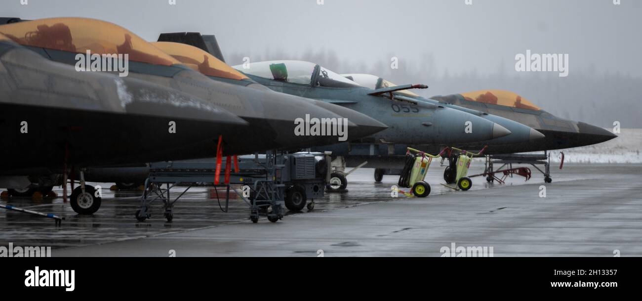 Die US Air Force F-22 Raptors, Left, und die Royal Canadian Air Force RCAF-188 Hornets stehen nebeneinander auf der Joint Base Elmendorf-Richardson, Alaska, am 14. Oktober 2021. Die Raptoren der RCAF-188 und der US Air Force F-22 fliegen im Rahmen der Air Defense Operation Noble Defender zusammen, um die Interoperabilität zwischen beiden Ländern zu verbessern und die Bedrohung durch Langstreckenflugkörper zu mindern. (USA Luftwaffe Foto von Airman 1st Class Mario Calabro) Stockfoto