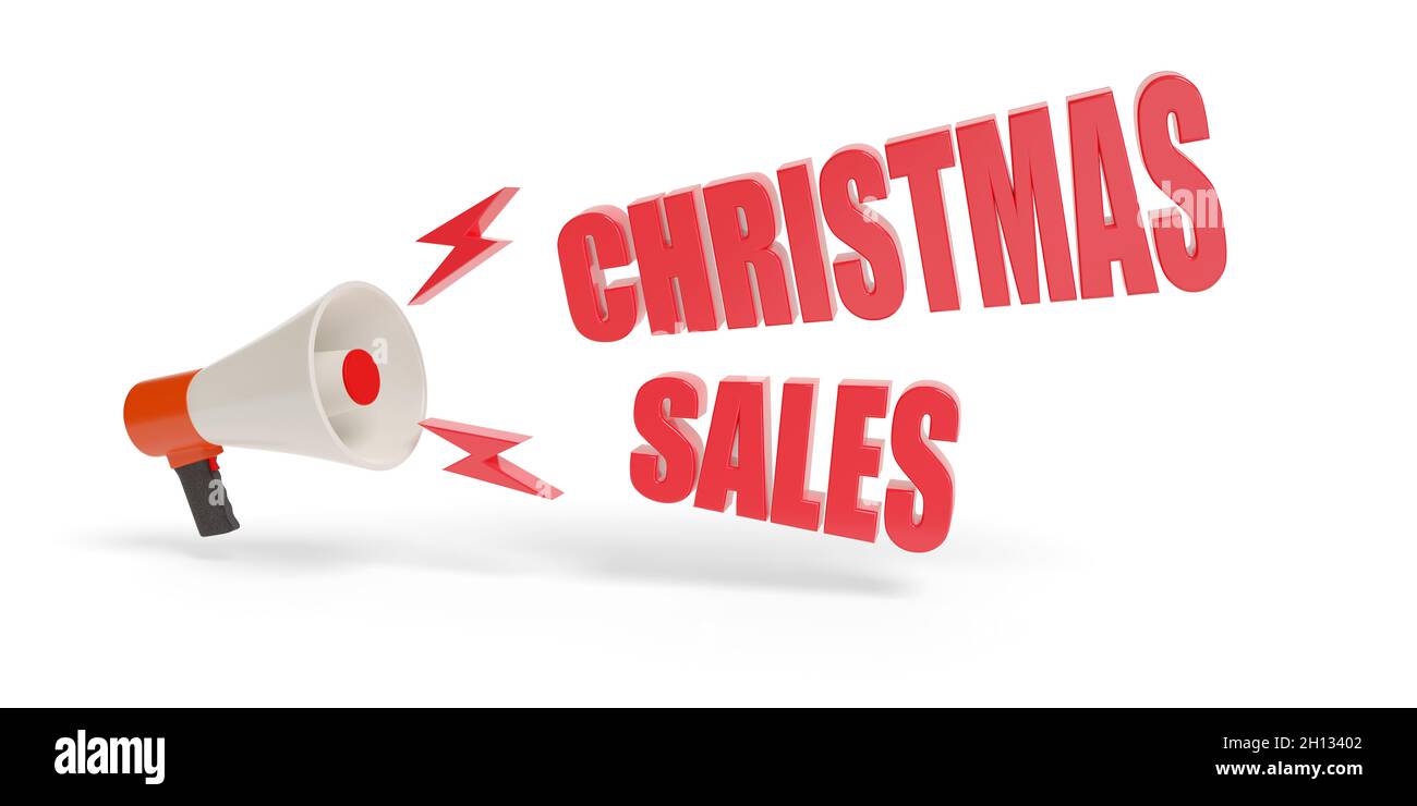 Megaphon mit weihnachtstext isoliert auf weißem Hintergrund. 3d-Illustration. Stockfoto