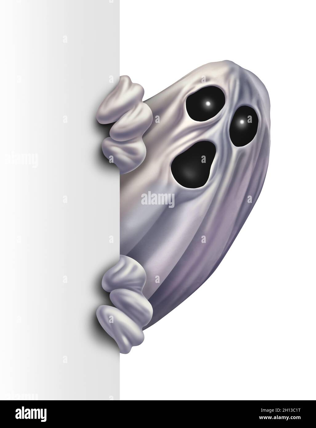 Ghost Monster schaukend hinter einem weißen leeren Schild als wütender gruseliger Zombie, der sich hinter einer vertikalen Plakatwand als Halloween-Nachrichtenkonzept versteckt. Stockfoto