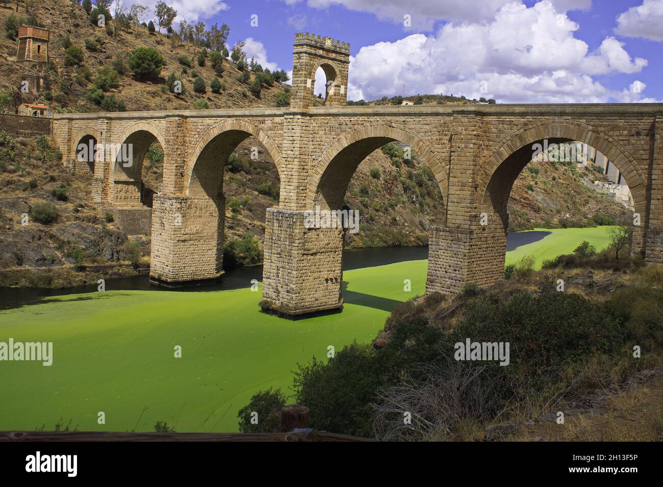 Schöne Aussicht auf die Alcantara Brücke über den Fluss Tejo in Spanien Stockfoto