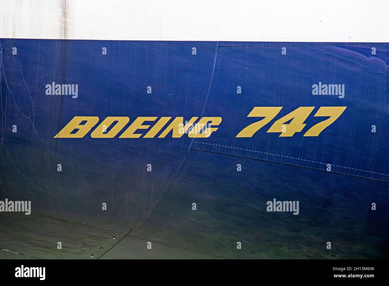 Details eines British Airways Boeing 747-400-Flugzeugs, G-CIVB, auf dem Cotswold Kemble Airport in England ausgestellt und erhalten. Stockfoto