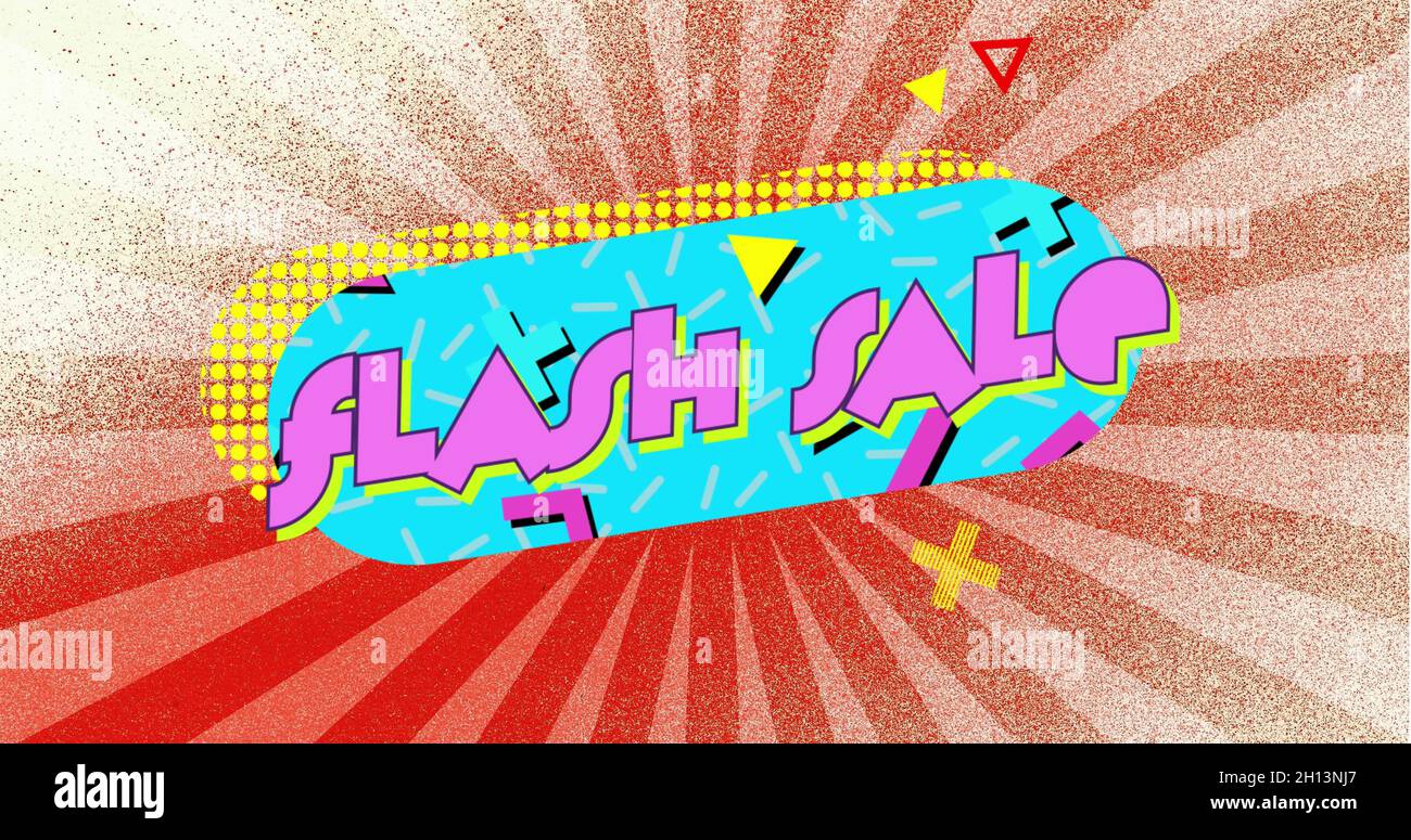Flash Verkauf Grafik auf blauen Kapselform und bewegliche Elemente auf strahlend gestreiften roten Hintergrund Bac Stockfoto