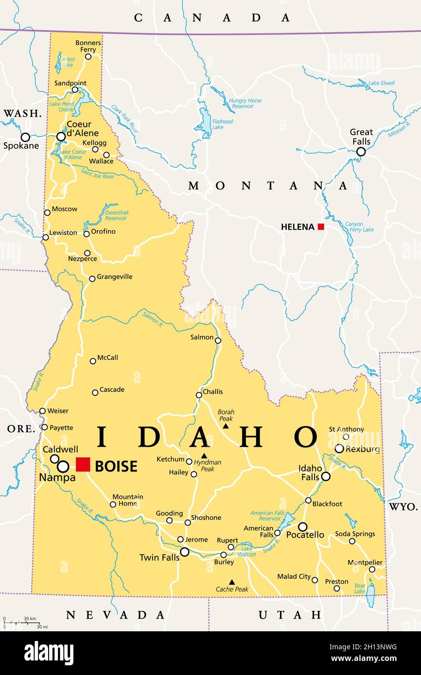Idaho, ID, politische Karte mit der Hauptstadt Boise, Grenzen, wichtigen Städten, Flüssen und Seen. Staat in der pazifischen Nordwestregion der westlichen USA. Stockfoto