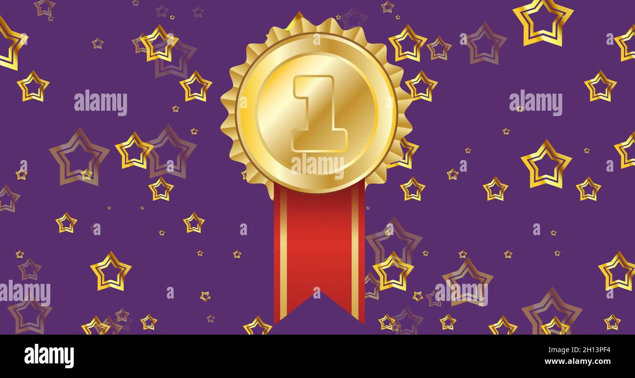 Bild von schwebenden Sternen und Goldmedaille auf violettem Hintergrund Stockfoto