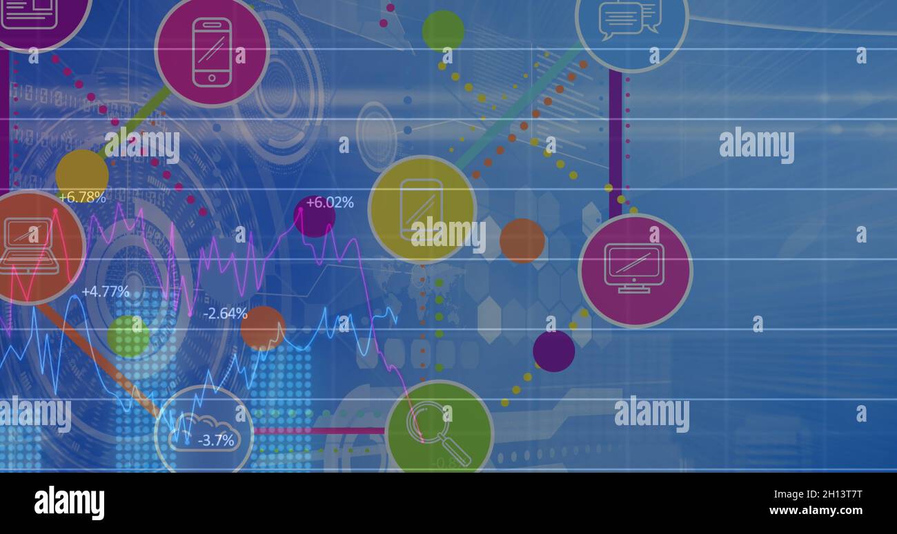 Abbildung der Verarbeitung von Finanzdaten und des Netzwerks von Verbindungen über Scopes Stockfoto
