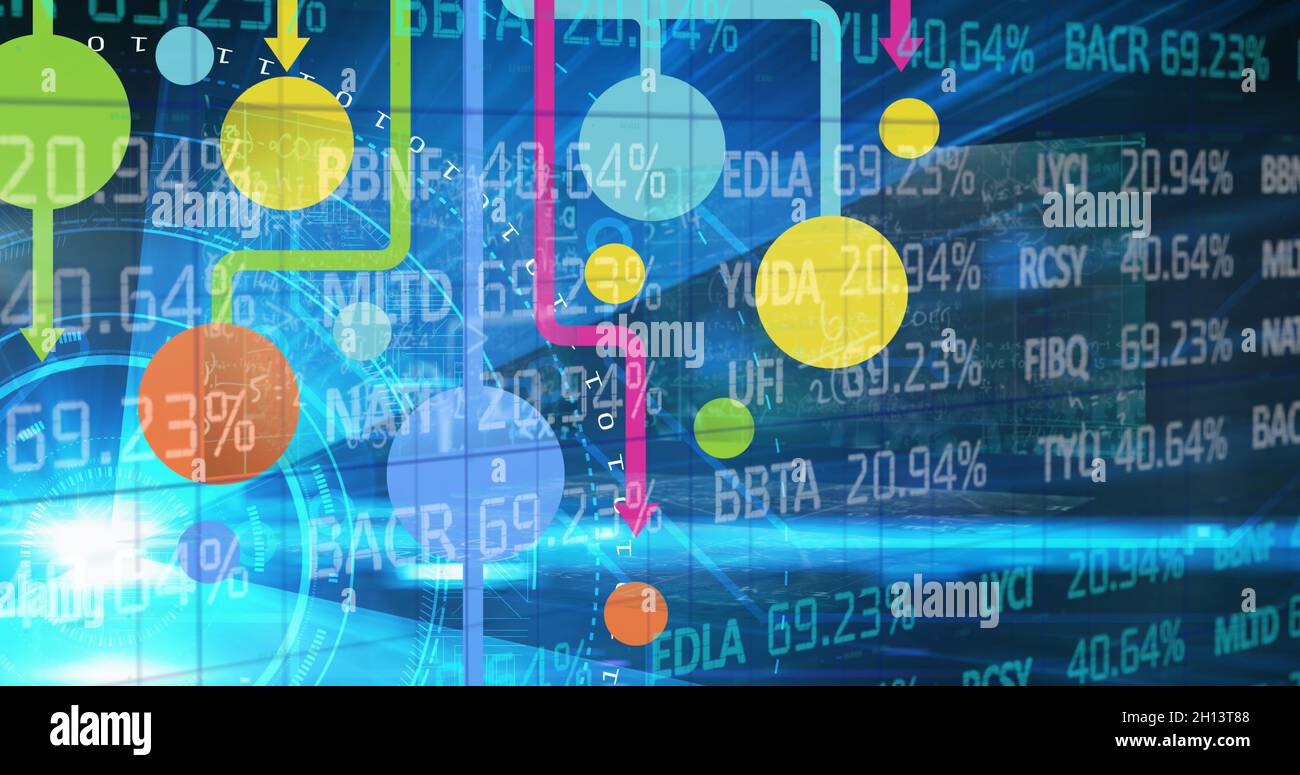 Abbildung der Verarbeitung von Finanzdaten und des Netzwerks von Verbindungen über Scopes Stockfoto