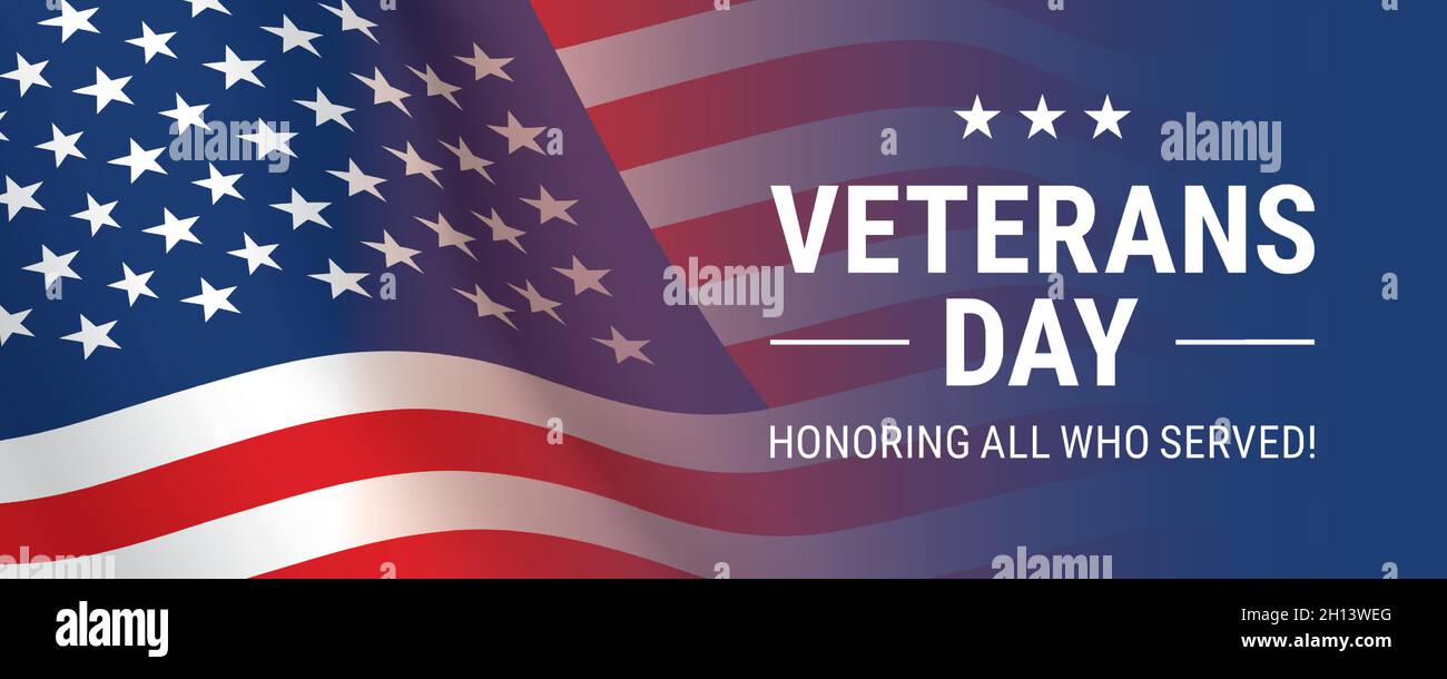 Veterans Day horizontales Banner-Vektor-Design, mit winkender Nahaufnahme USA-Flagge und zu Ehren aller, die gedient Gedenktext. Stock Vektor