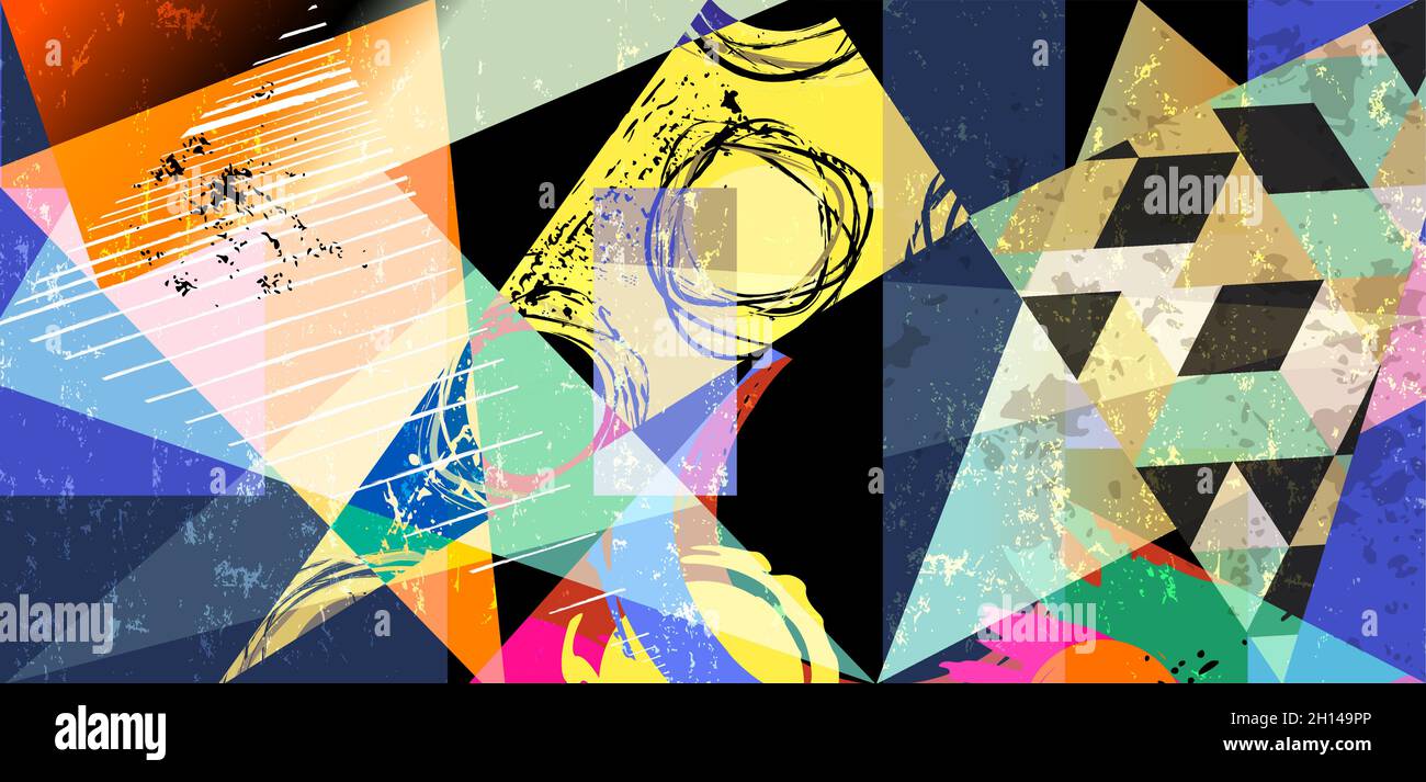 Abstraktes geometrisches Hintergrundmuster, mit Dreiecken, Streifen, Kreisen, Malstrichen und Spritzern Stock Vektor