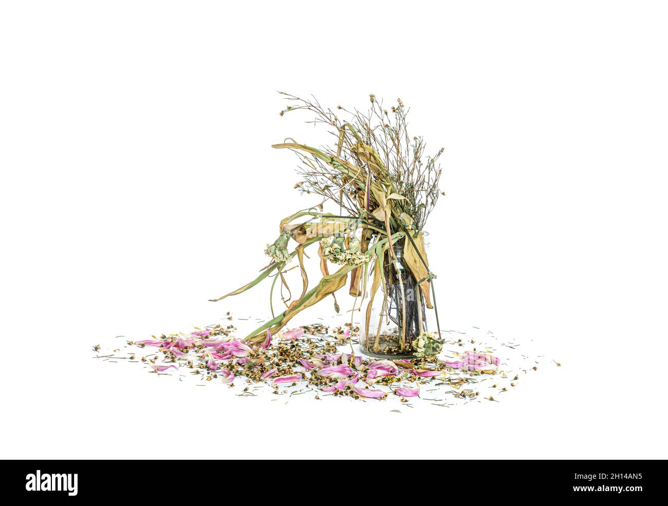 Verwelkt Blumen Bouquet in einer klaren Glasvase, Vintage gefiltert Stockfoto