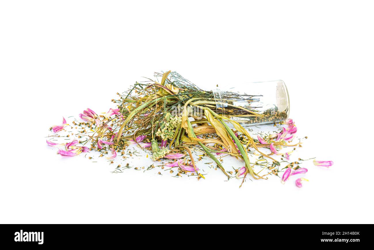 Verwelkt Blumen Bouquet in einer klaren Glasvase, Vintage gefiltert Stockfoto