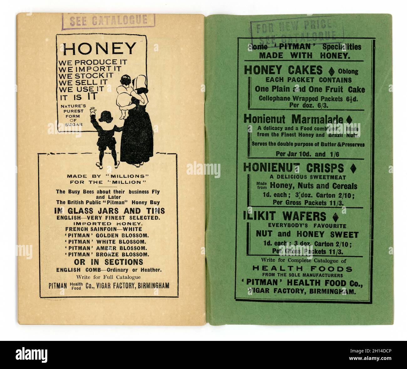 Rückseite innen aus dem Original-Heftchen für gesunde Ernährung - Gesundheit aus der Lebensmittelbibliothek Nr. 12, - dieser in der Serie Honey and the Bee, von dem berühmten Essensgesundheitsautor der Zeit und Besitzer des ersten Reformhauses - James Henry Cook. Hier ist eine Anzeige für Pitman's und auch eine Liste ihrer Honigprodukte. Pitman war ein Unternehmen für Frühgesundheitsnahrung. Veröffentlicht in Birmingham vom 1927. Stockfoto