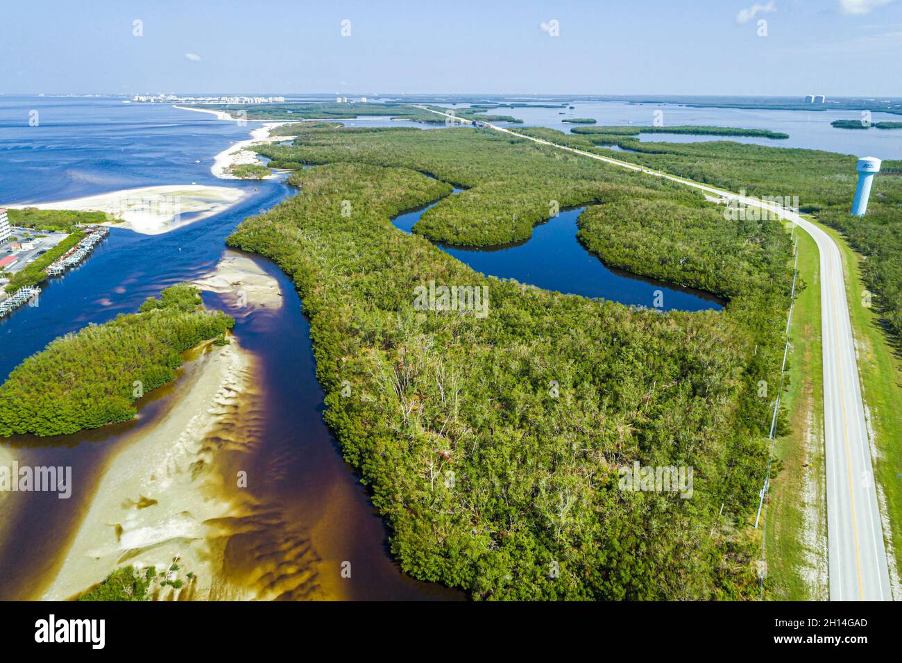Bonita Springs Florida, Big Hickory Pass, Estero Bay Aquatic Preserve, Luftaufnahme von oben Estero Boulevard Bay Island Stockfoto